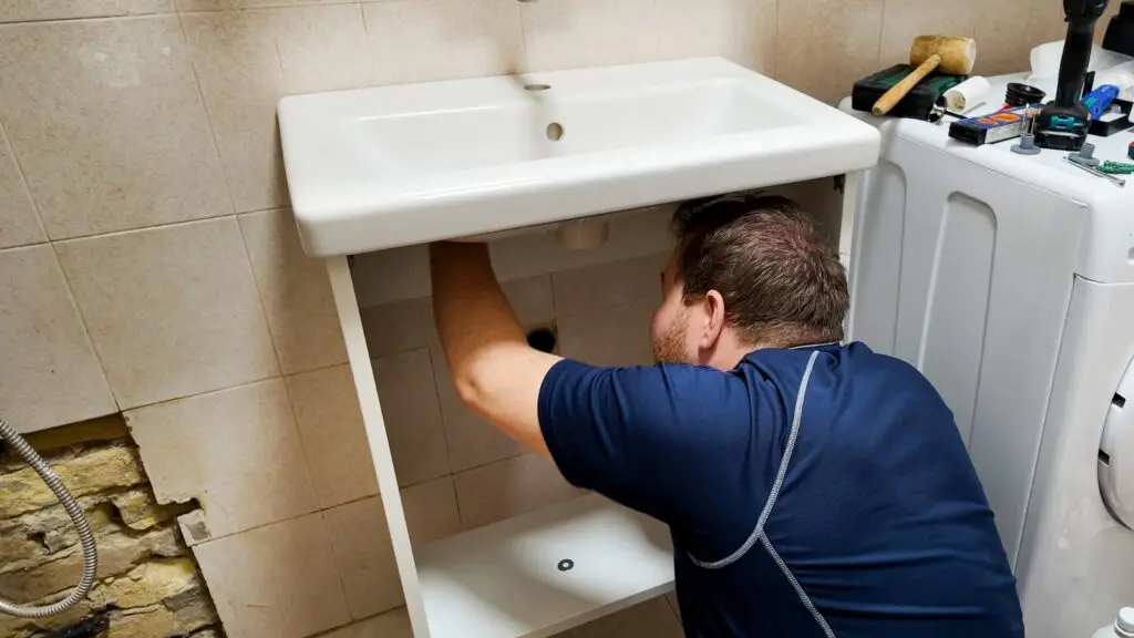 Plumber fixing bathroom sink, plumbing